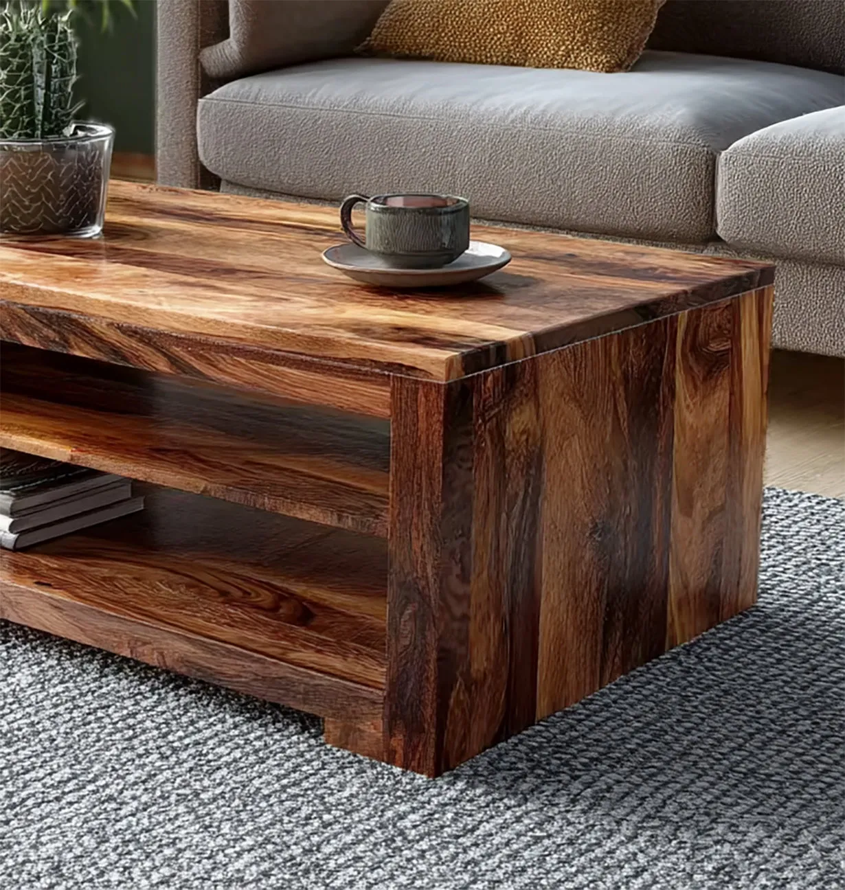 Handcrafted Solid Wood Coffee Table with Open Storage, Modern Rustic Living Room Table - Image 4