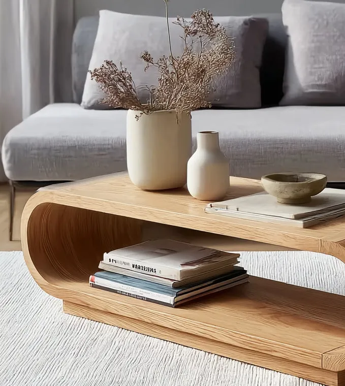 Modern Curved Wood Coffee Table – Minimalist Oak Center Table with Storage Shelf - Image 2
