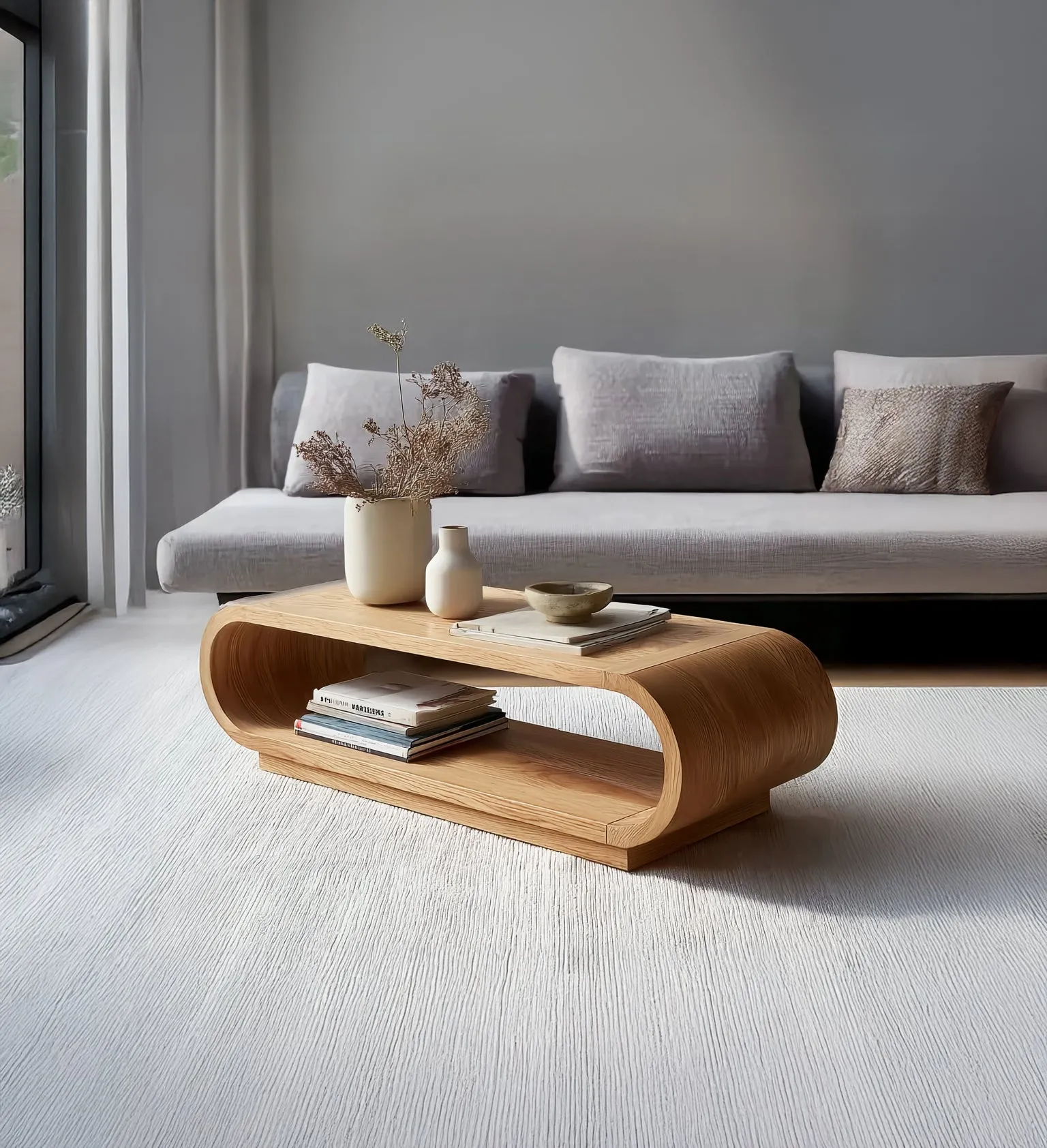 Modern Curved Wood Coffee Table – Minimalist Oak Center Table with Storage Shelf - Image 3