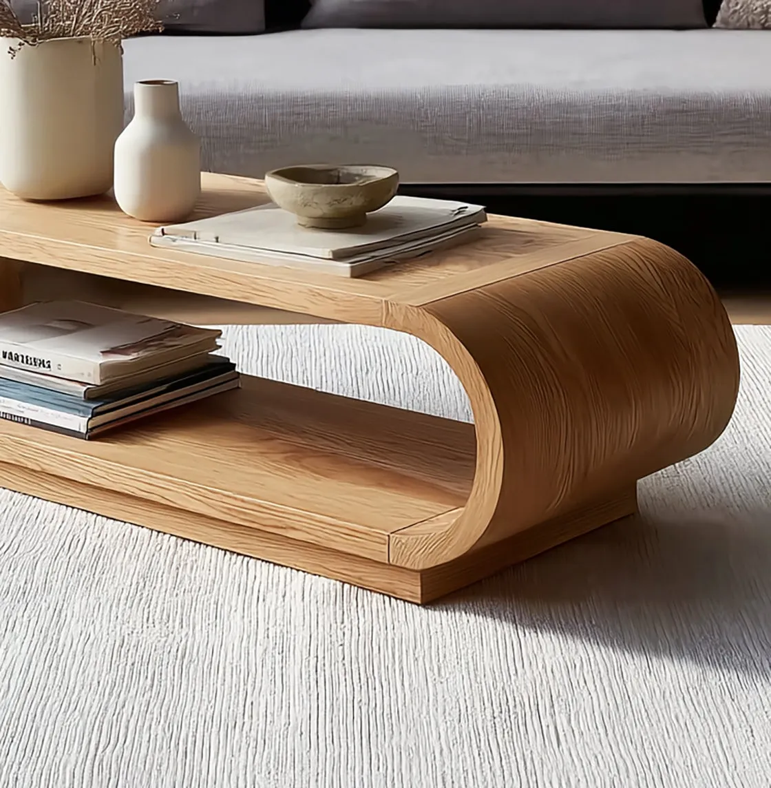 Modern Curved Wood Coffee Table – Minimalist Oak Center Table with Storage Shelf - Image 4