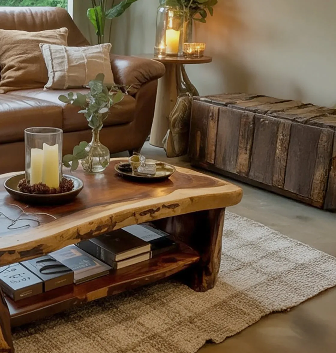Live Edge Coffee Table – Handmade Solid Wood Center Table with Storage Shelf - Image 2