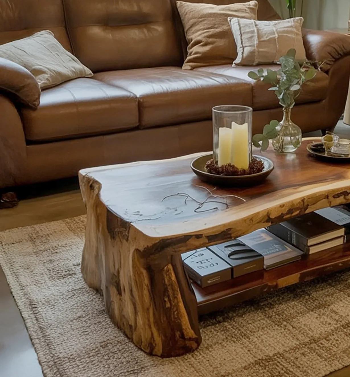 Live Edge Coffee Table – Handmade Solid Wood Center Table with Storage Shelf - Image 3
