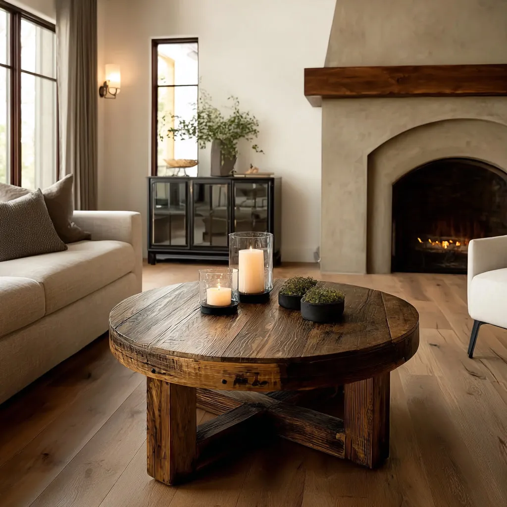 Round Oak Coffee Table – Rustic Reclaimed Wood Farmhouse Furniture - Image 2