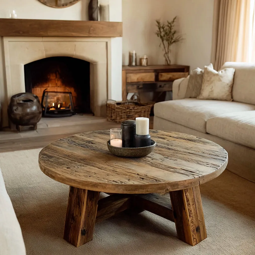 Round Oak Coffee Table – Rustic Reclaimed Wood Farmhouse Furniture - Image 4