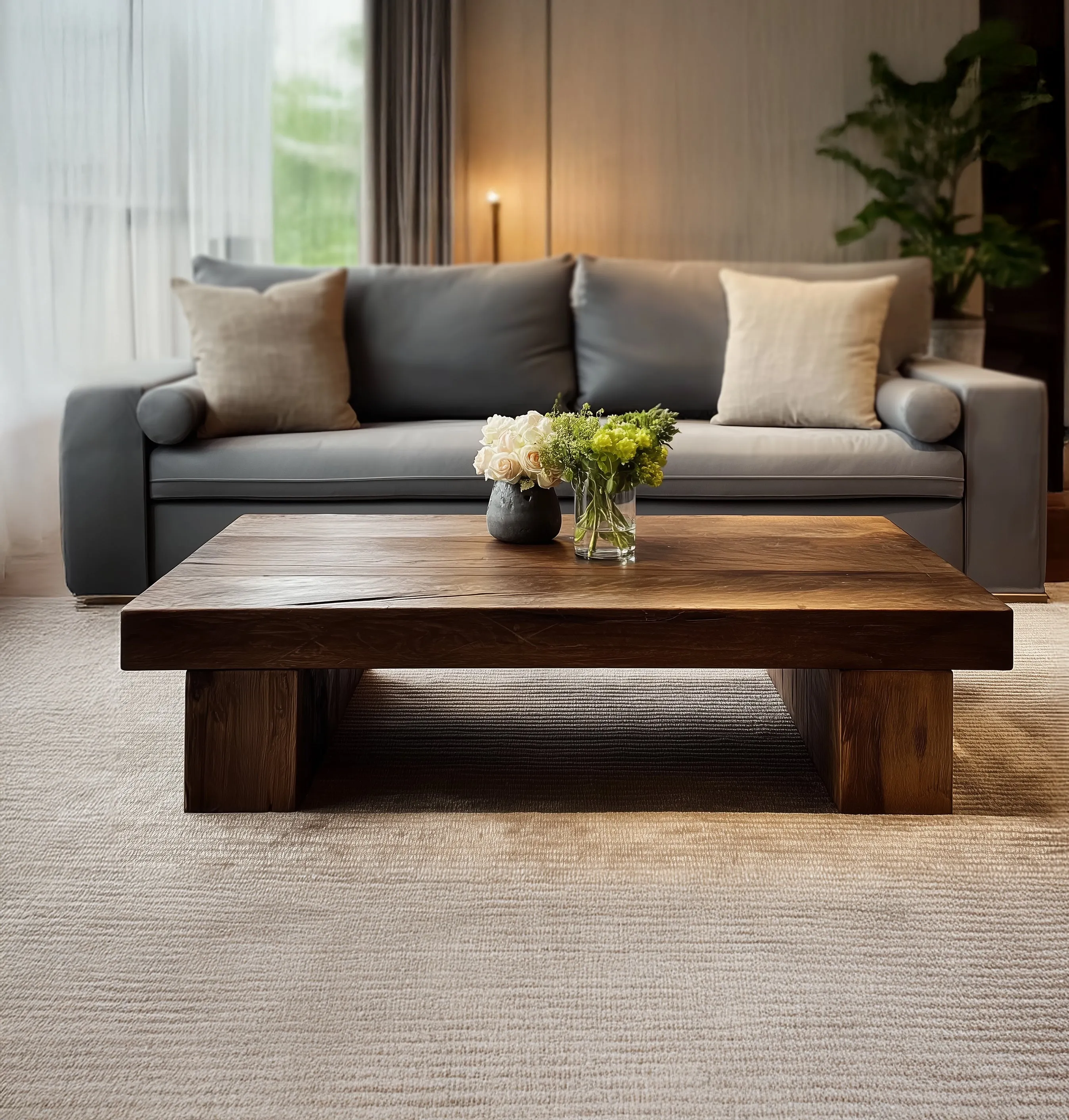 Rustic Handmade Wooden Coffee Table – Live Edge Solid Wood Trestle Farmhouse Rectangular End Table - Image 3