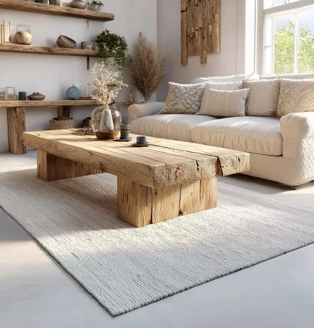 Rustic Handmade Wooden Coffee Table – Live Edge Solid Wood Trestle Farmhouse Rectangular End Table - Image 2