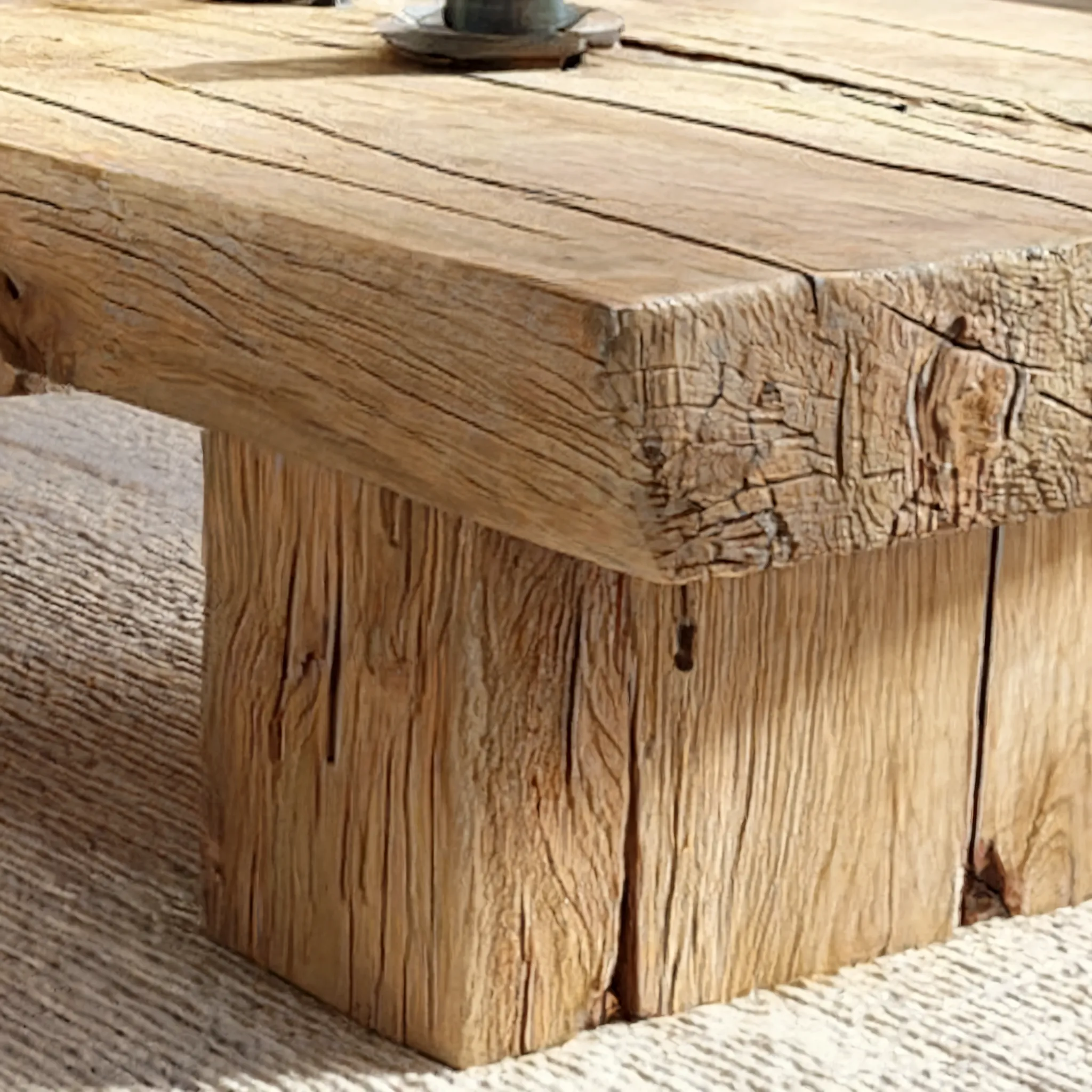 Rustic Handmade Wooden Coffee Table – Live Edge Solid Wood Trestle Farmhouse Rectangular End Table - Image 3