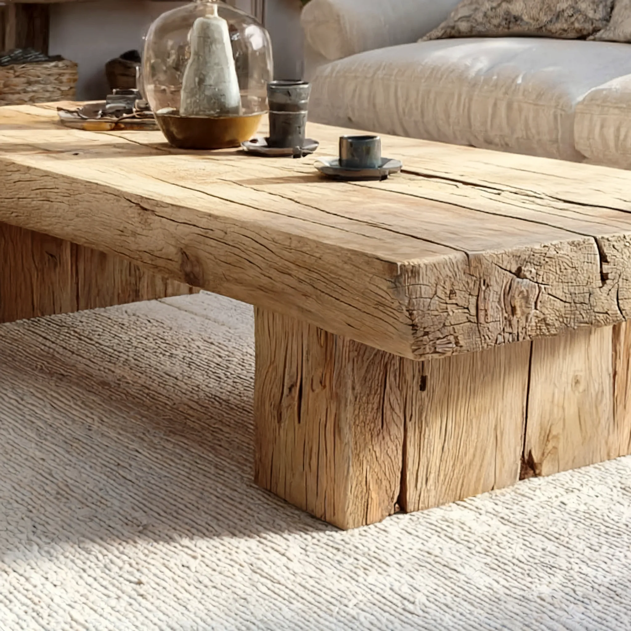 Rustic Handmade Wooden Coffee Table – Live Edge Solid Wood Trestle Farmhouse Rectangular End Table - Image 4
