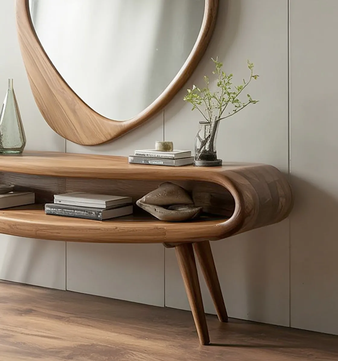 Mid-Century Modern Console Table with Mirror – Solid Wood Entryway Table - Image 2