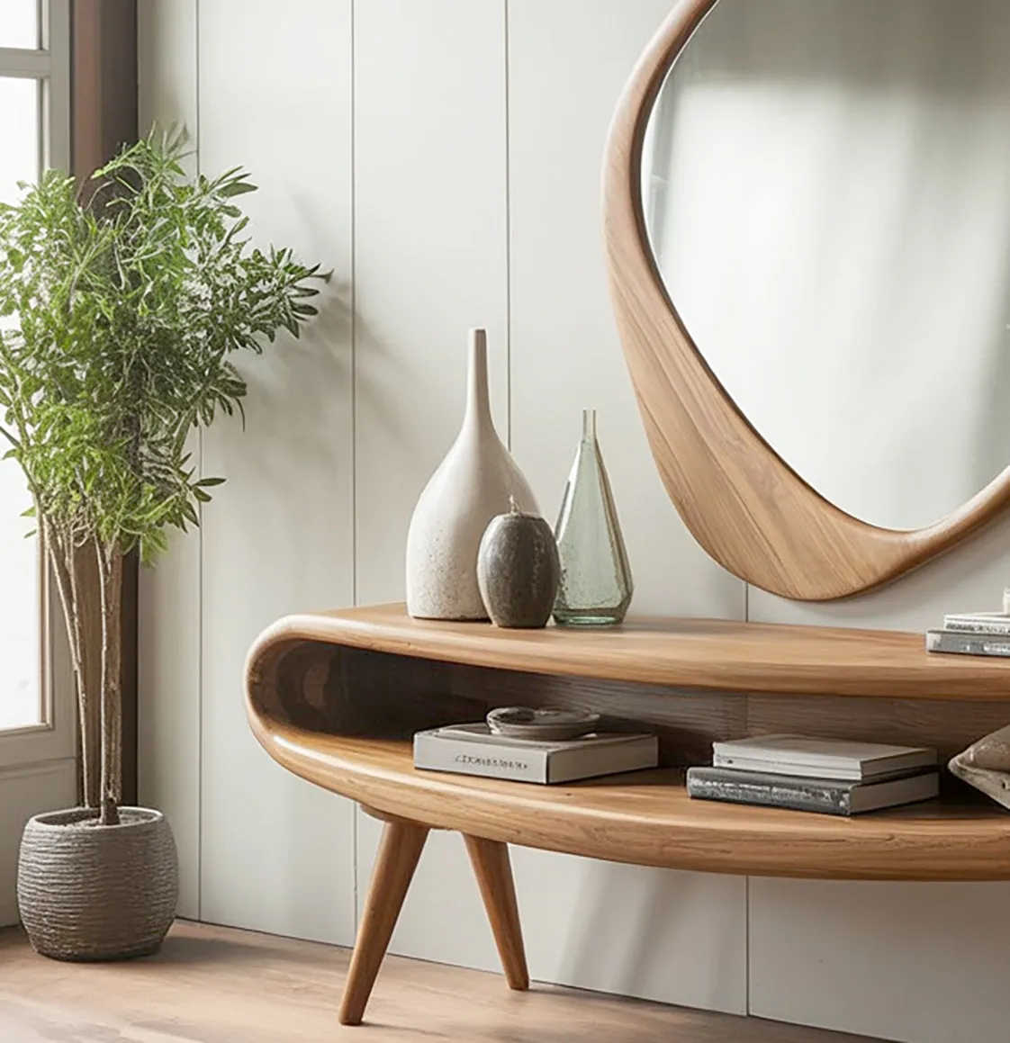 Mid-Century Modern Console Table with Mirror – Solid Wood Entryway Table - Image 3