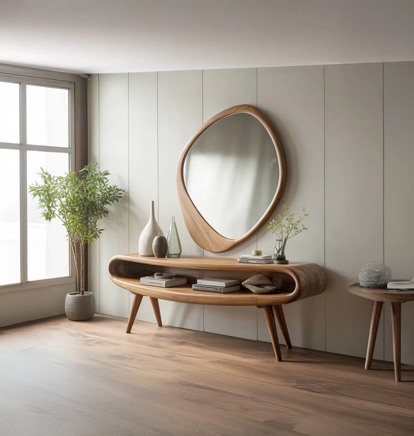 Mid-Century Modern Console Table with Mirror – Solid Wood Entryway Table - Image 4