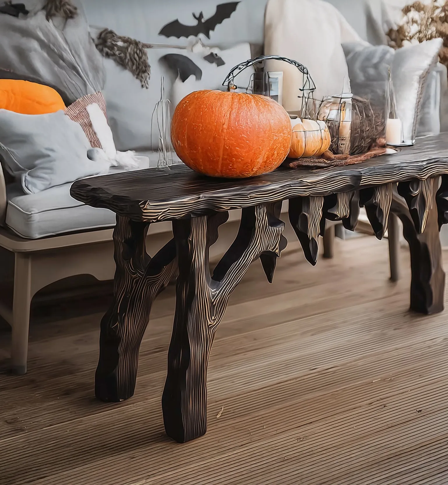 Rustic Black Wooden Halloween Console Table – Dripping Edge Gothic Entryway Decor - Image 4