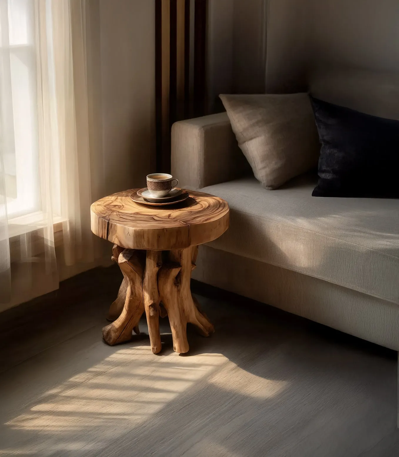 Handmade Solid Wood Side Table with Tree Trunk Base – Rustic Round End with Two Shelves - Image 2
