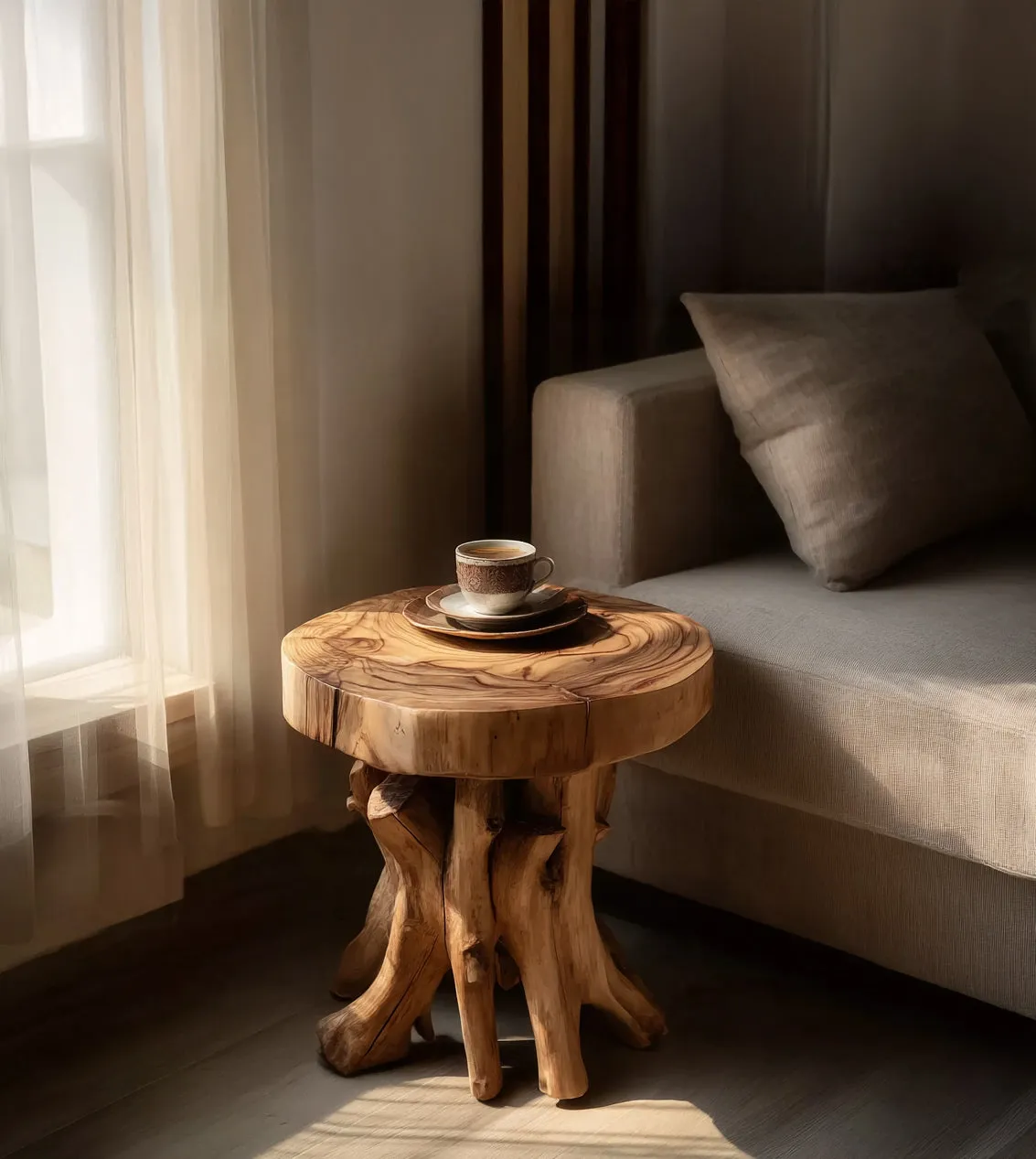 Handmade Solid Wood Side Table with Tree Trunk Base – Rustic Round End with Two Shelves - Image 3
