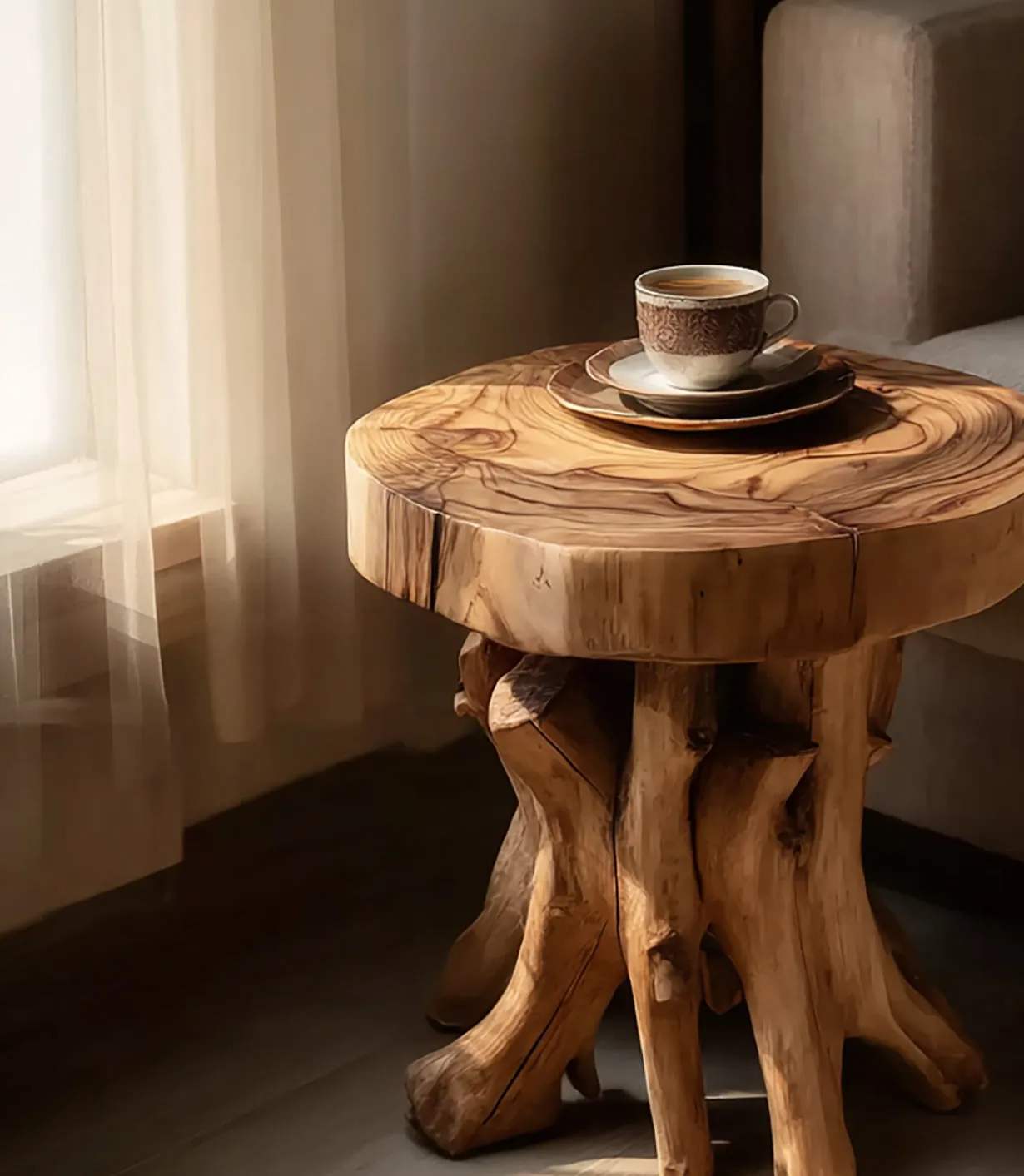 Handmade Solid Wood Side Table with Tree Trunk Base – Rustic Round End with Two Shelves - Image 4