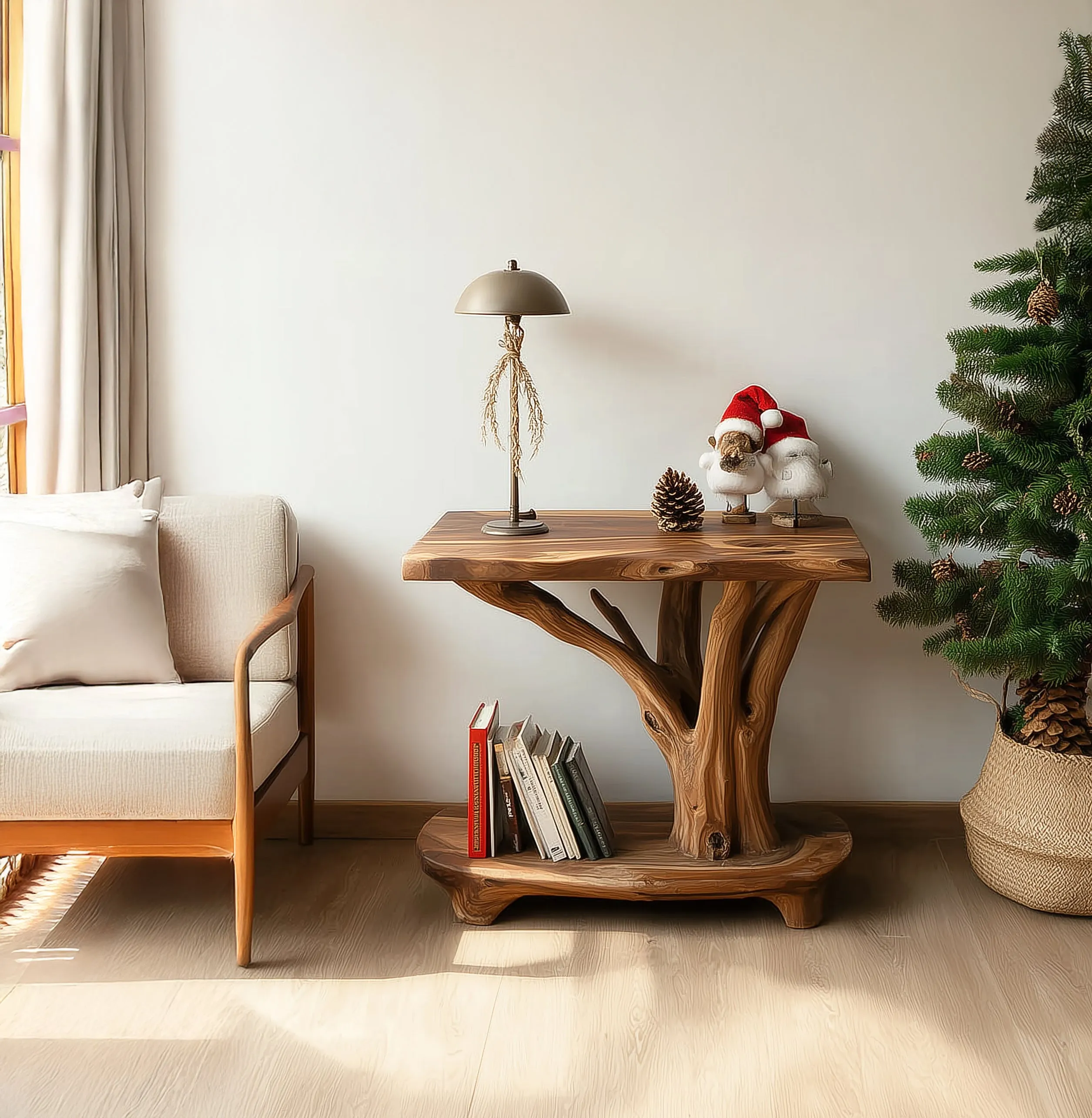 Rustic Solid Wood Side Table with Tree Branch Design – Handmade Natural End with Shelf Storage - Image 2