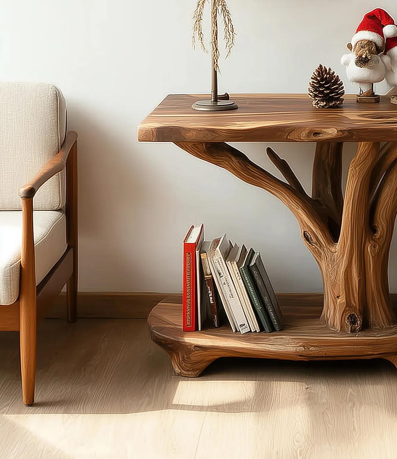 Rustic Solid Wood Side Table with Tree Branch Design – Handmade Natural End with Shelf Storage - Image 3