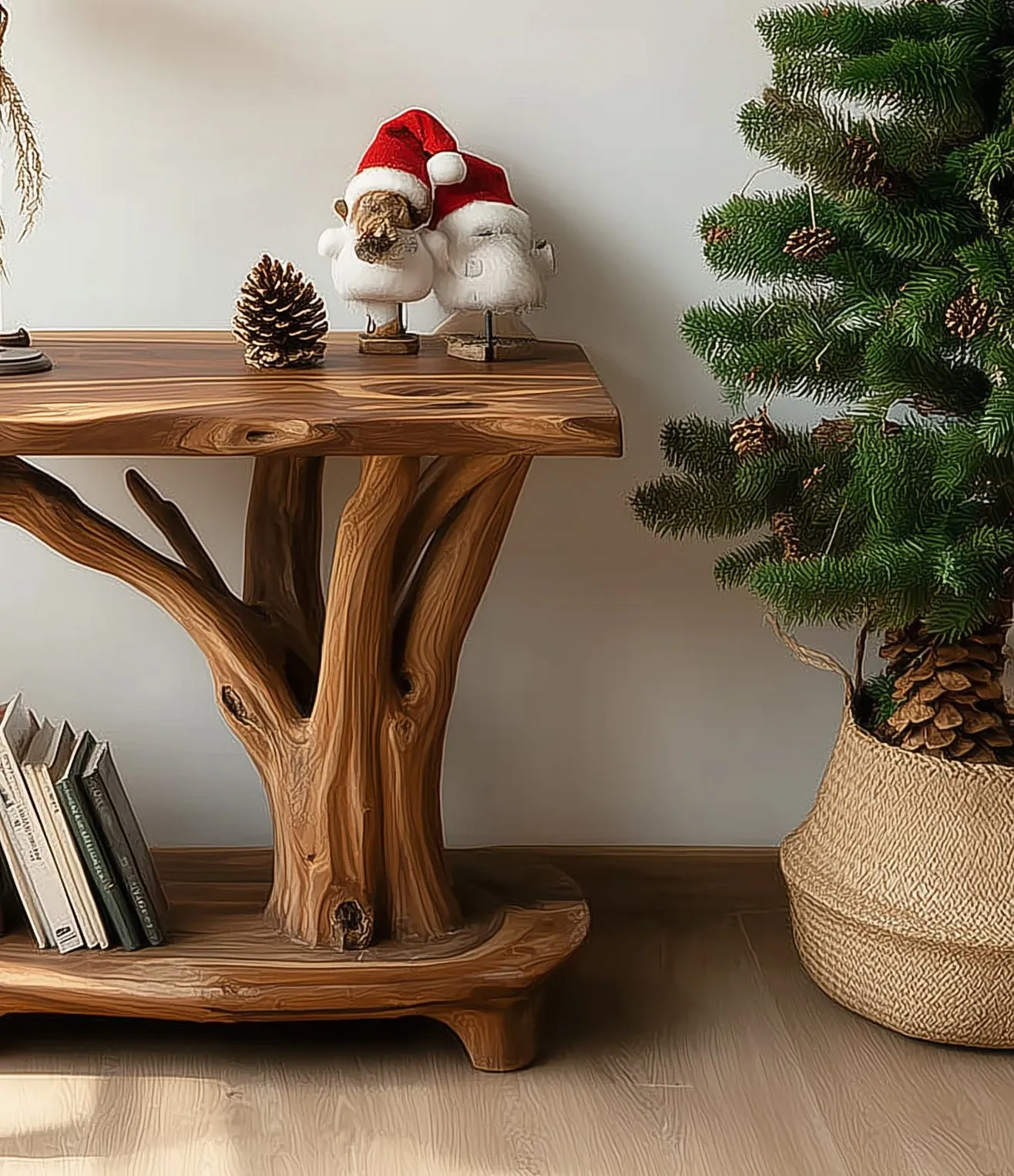 Rustic Solid Wood Side Table with Tree Branch Design – Handmade Natural End with Shelf Storage - Image 4