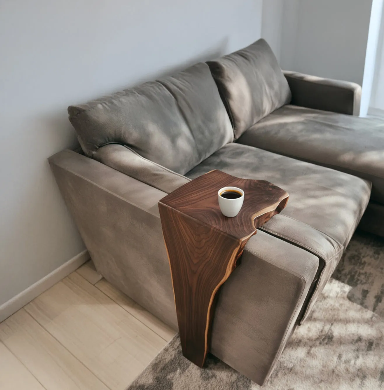 Handmade Solid Wood Sofa Arm Table – Farmhouse Couch Storage, Reclaimed Wood Armrest Shelf