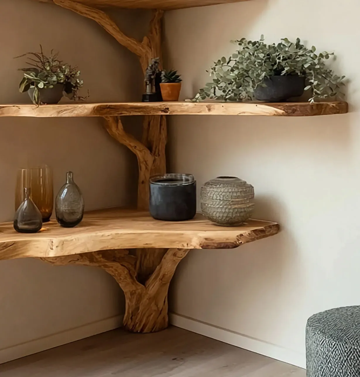 Live Edge Corner Tree Bookshelf – Rustic Handmade Wooden Wall Shelf Unit - Image 2