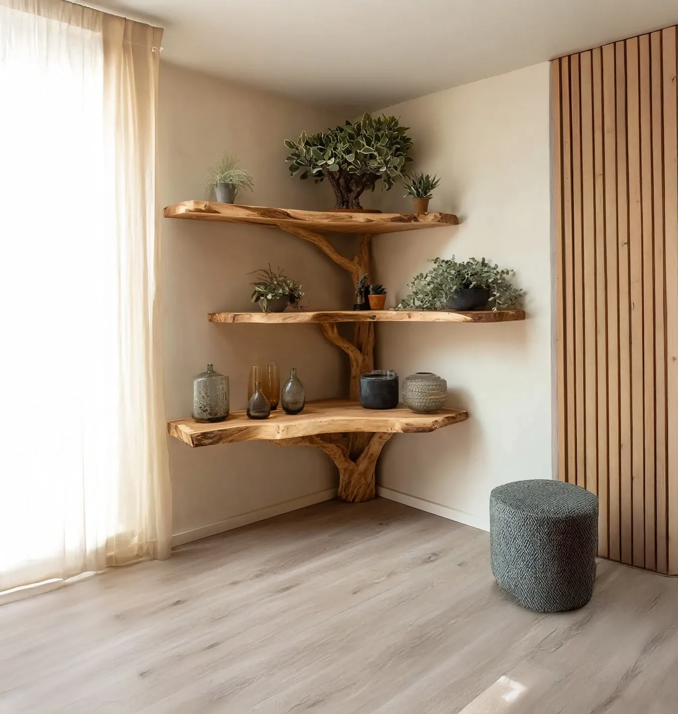 Live Edge Corner Tree Bookshelf – Rustic Handmade Wooden Wall Shelf Unit - Image 3