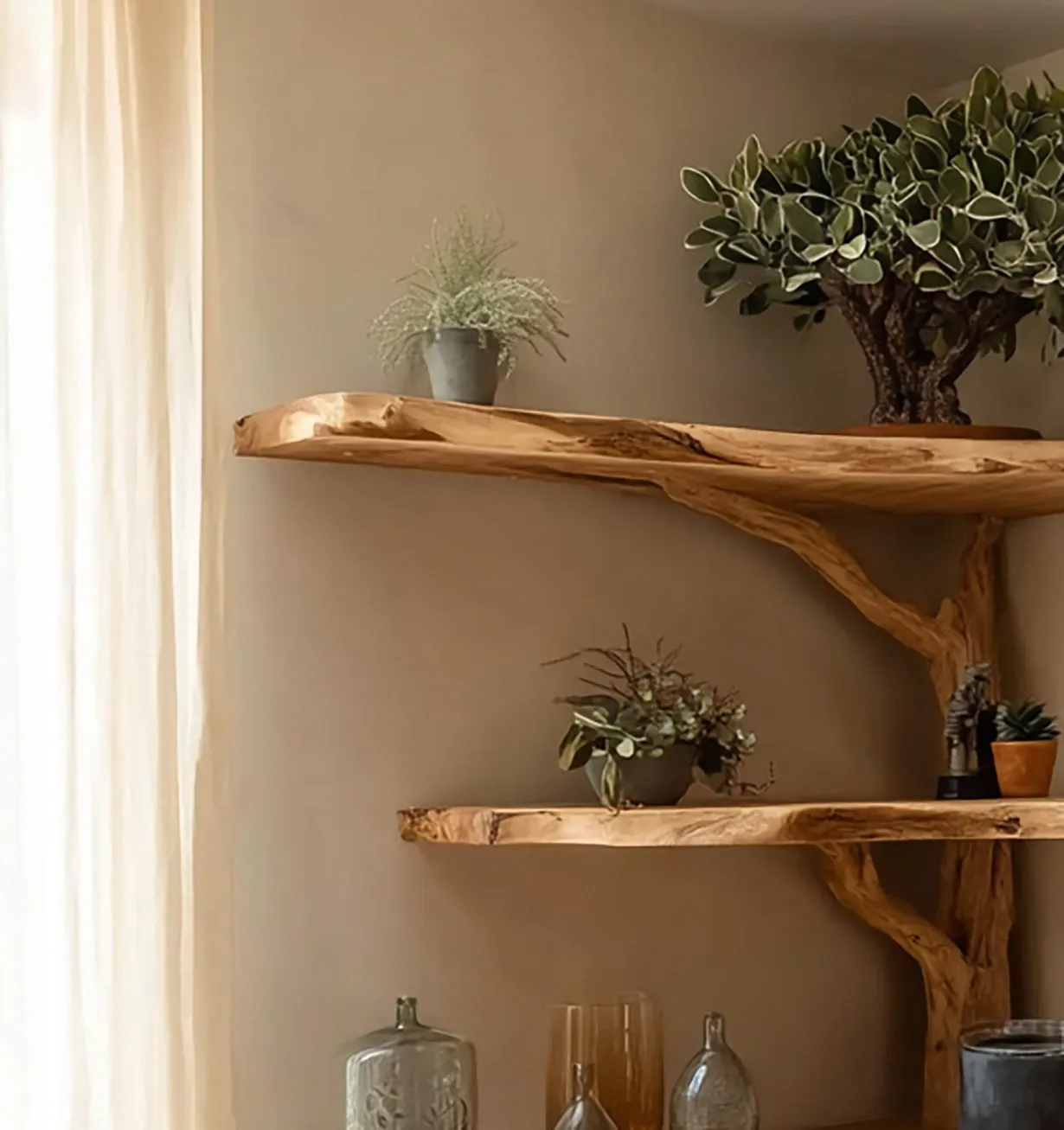 Live Edge Corner Tree Bookshelf – Rustic Handmade Wooden Wall Shelf Unit - Image 4