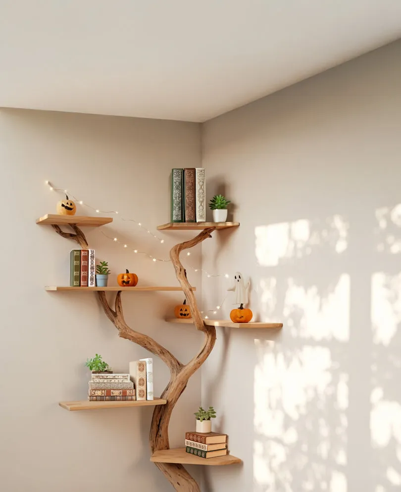 Handmade Tree Branch Wall Bookshelf with Leaves - Decorative Floating Shelf - Image 2