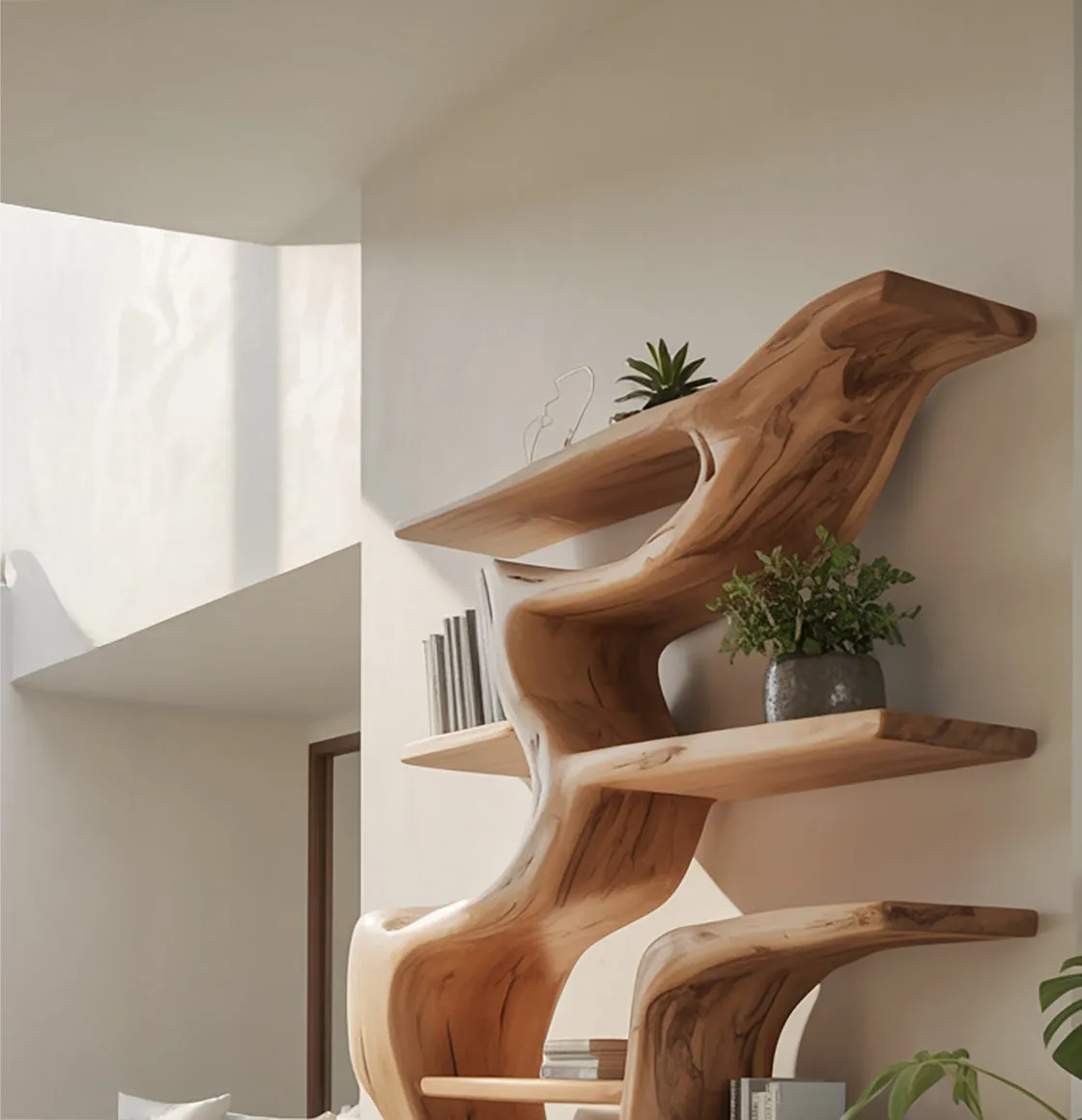 Artistic Wooden Bookshelf – Handcrafted Sculptural Curved Shelf for Modern Home Decor - Image 3