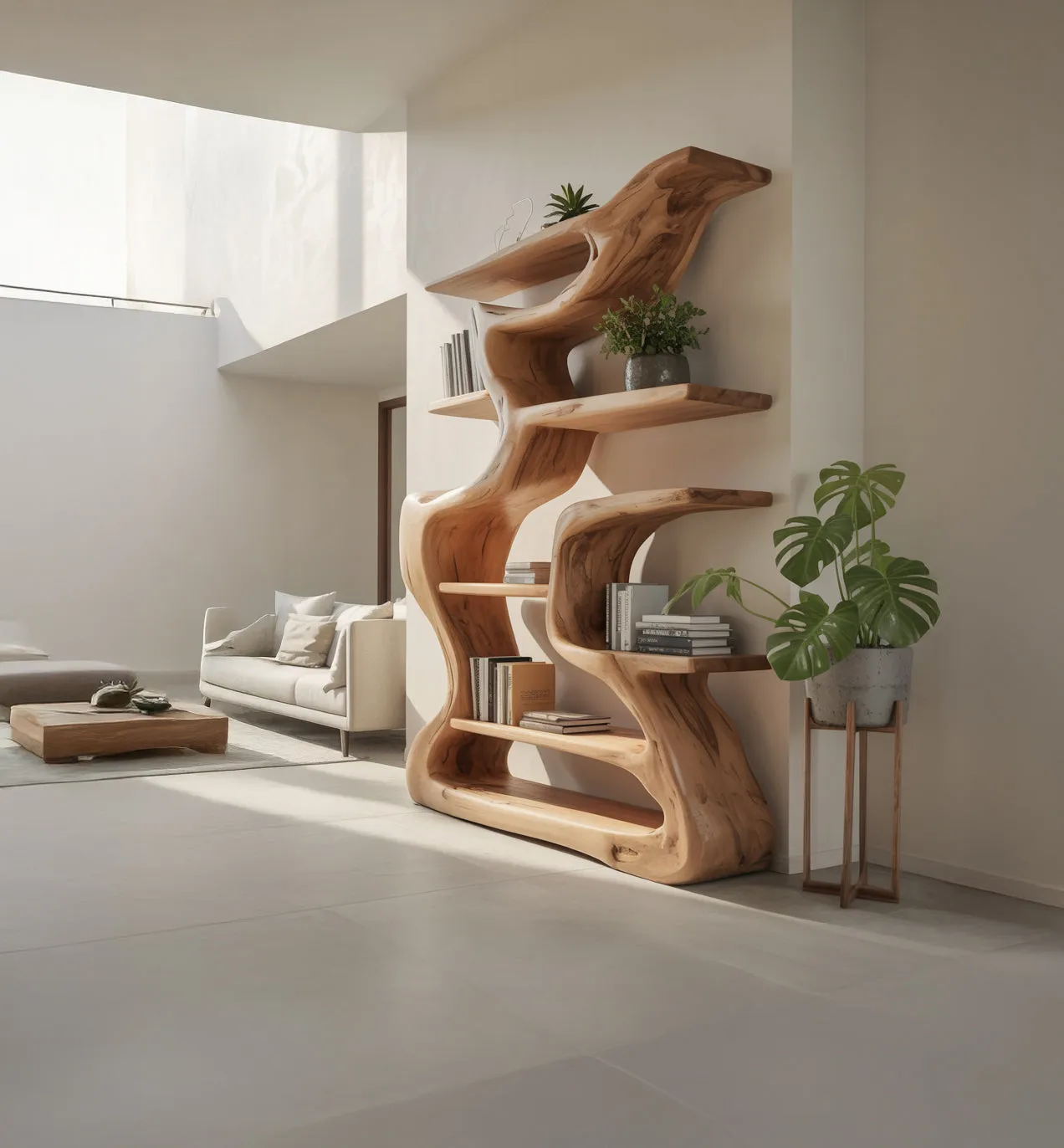 Artistic Wooden Bookshelf – Handcrafted Sculptural Curved Shelf for Modern Home Decor - Image 4