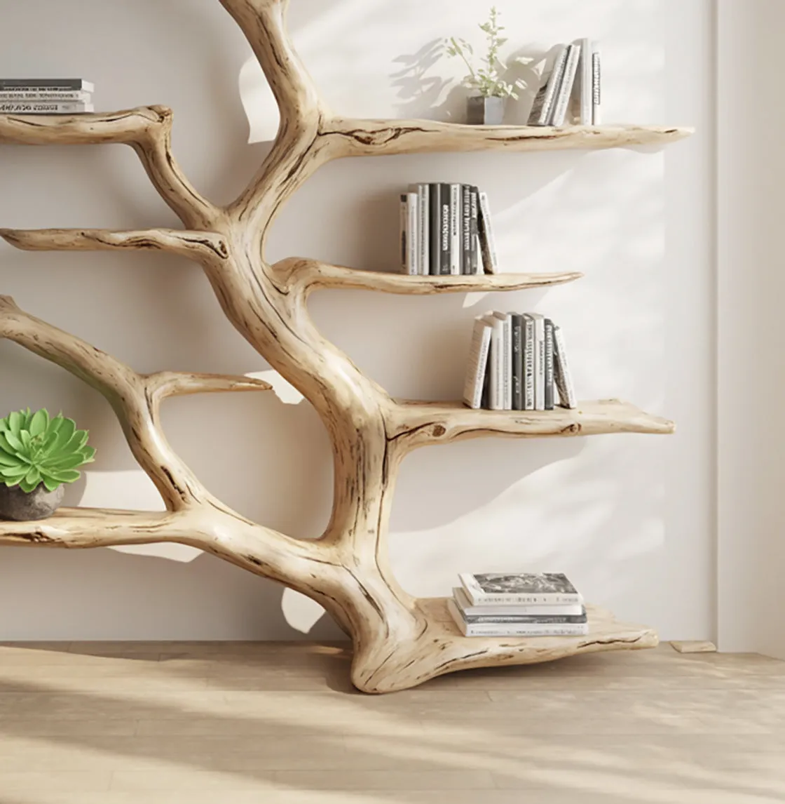 Handmade Tree Bookshelf – Live Edge Wooden Bookcase, Rustic Natural Wood Wall Decor - Image 2