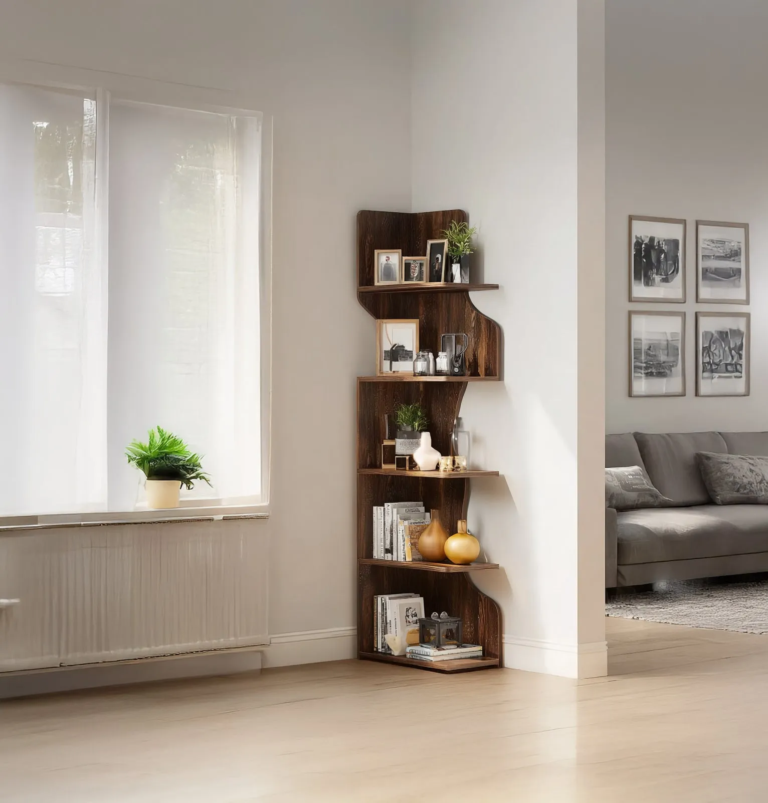 Bookshelf with Shelves, Tall Corner Bookcase Modern Wooden Bookshelf Small Space Book Case - Image 3