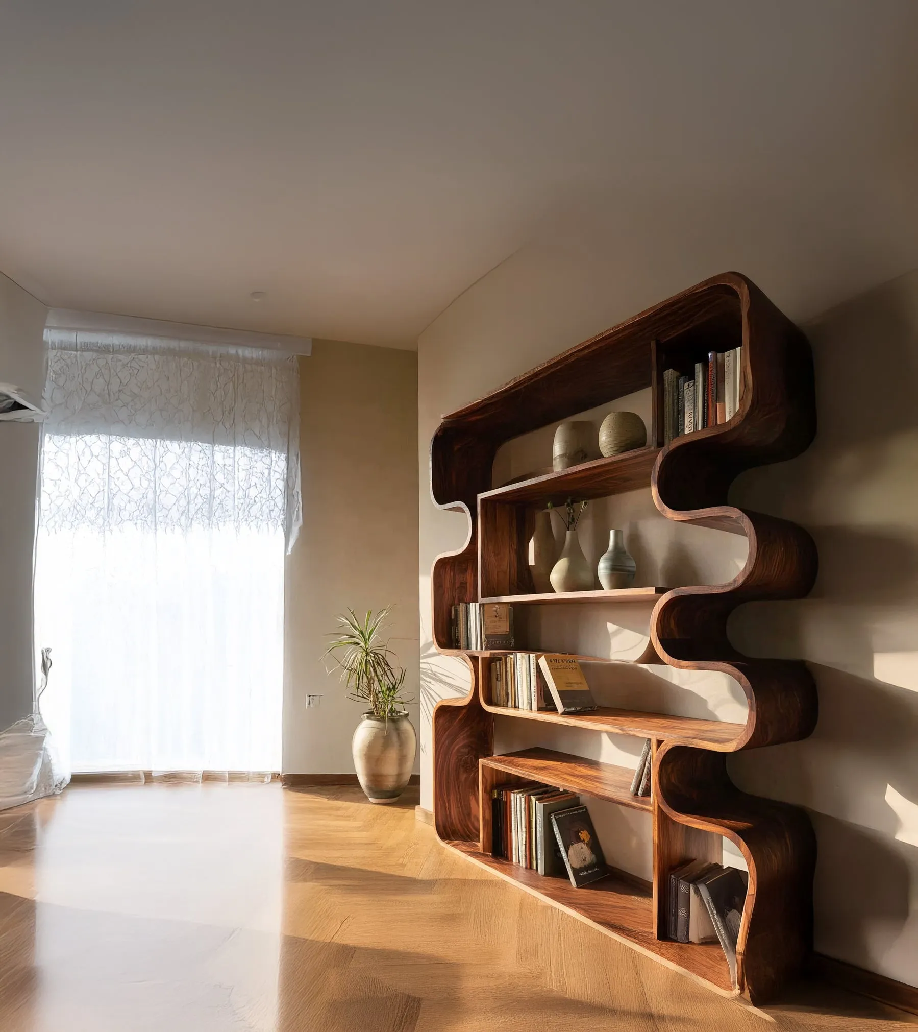 Modern Wooden Bookshelf with Sculptural Curved Design – Contemporary Display Shelf - Image 2