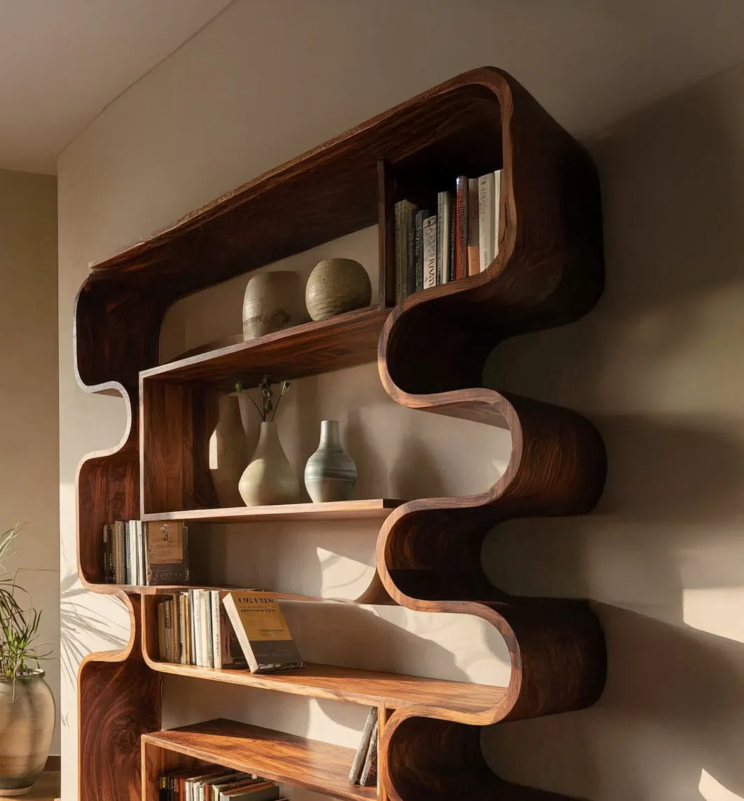 Modern Wooden Bookshelf with Sculptural Curved Design – Contemporary Display Shelf - Image 3