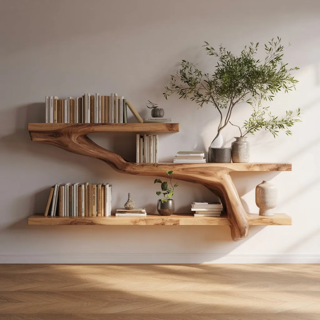 Live Edge Tree Branch Wall Shelf – Handmade Solid Wood Floating Shelf Decor