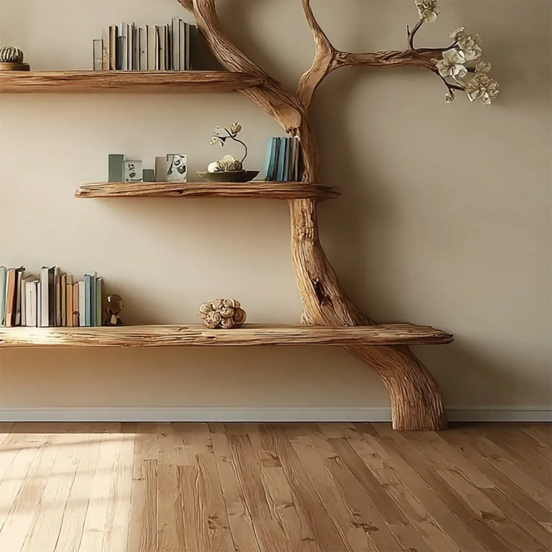 Solid Wood Tree Bookshelf – Artistic Tree Branch Bookcase, Rustic Modern Decor - Image 2
