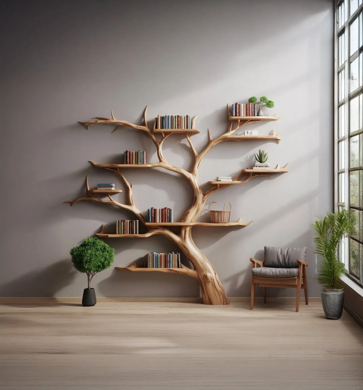 Handmade Tree Bookshelf – Wooden Tree Bookcase, Rustic Wall Shelf for Home Decor - Image 2