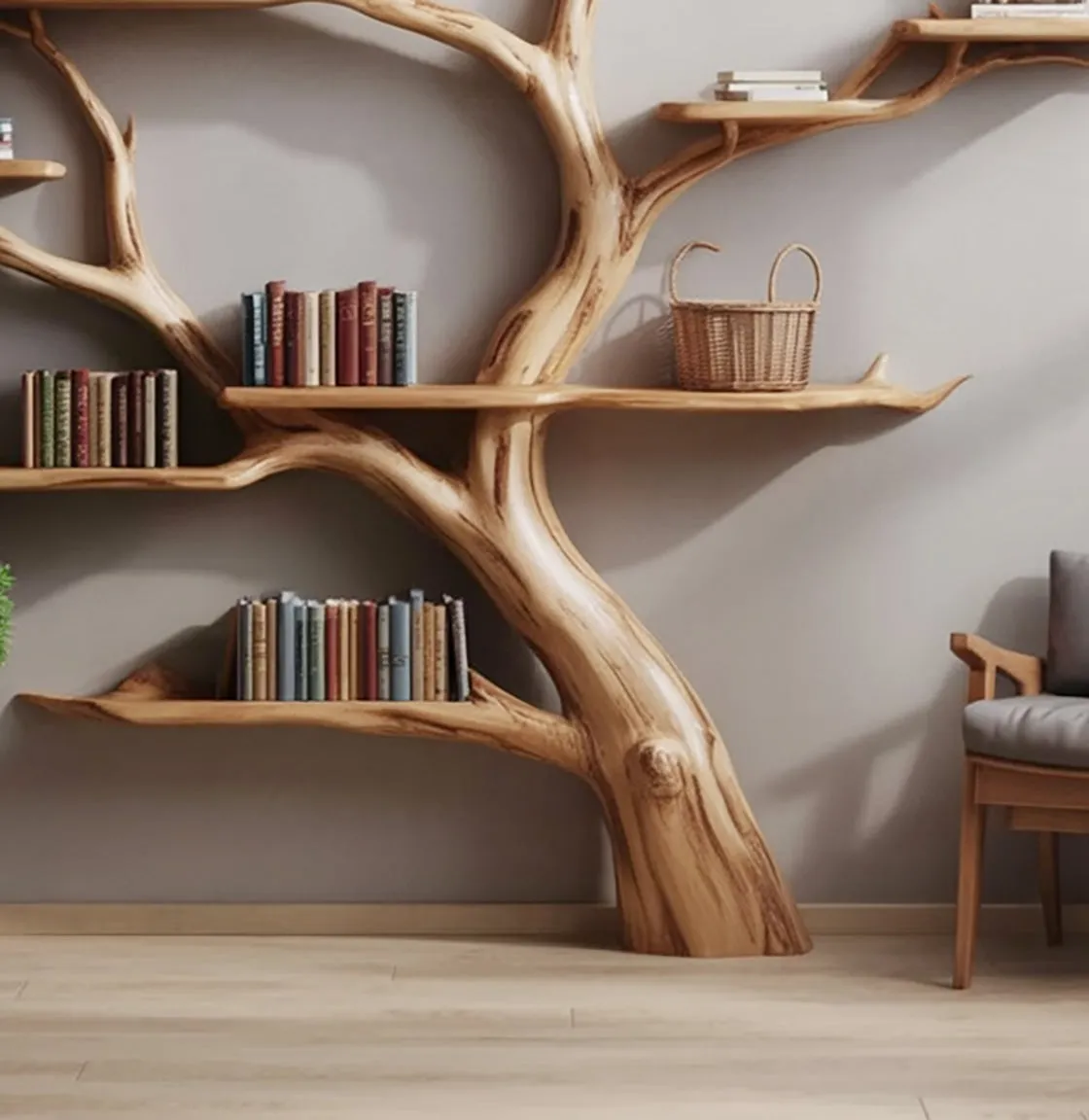 Handmade Tree Bookshelf – Wooden Tree Bookcase, Rustic Wall Shelf for Home Decor - Image 4