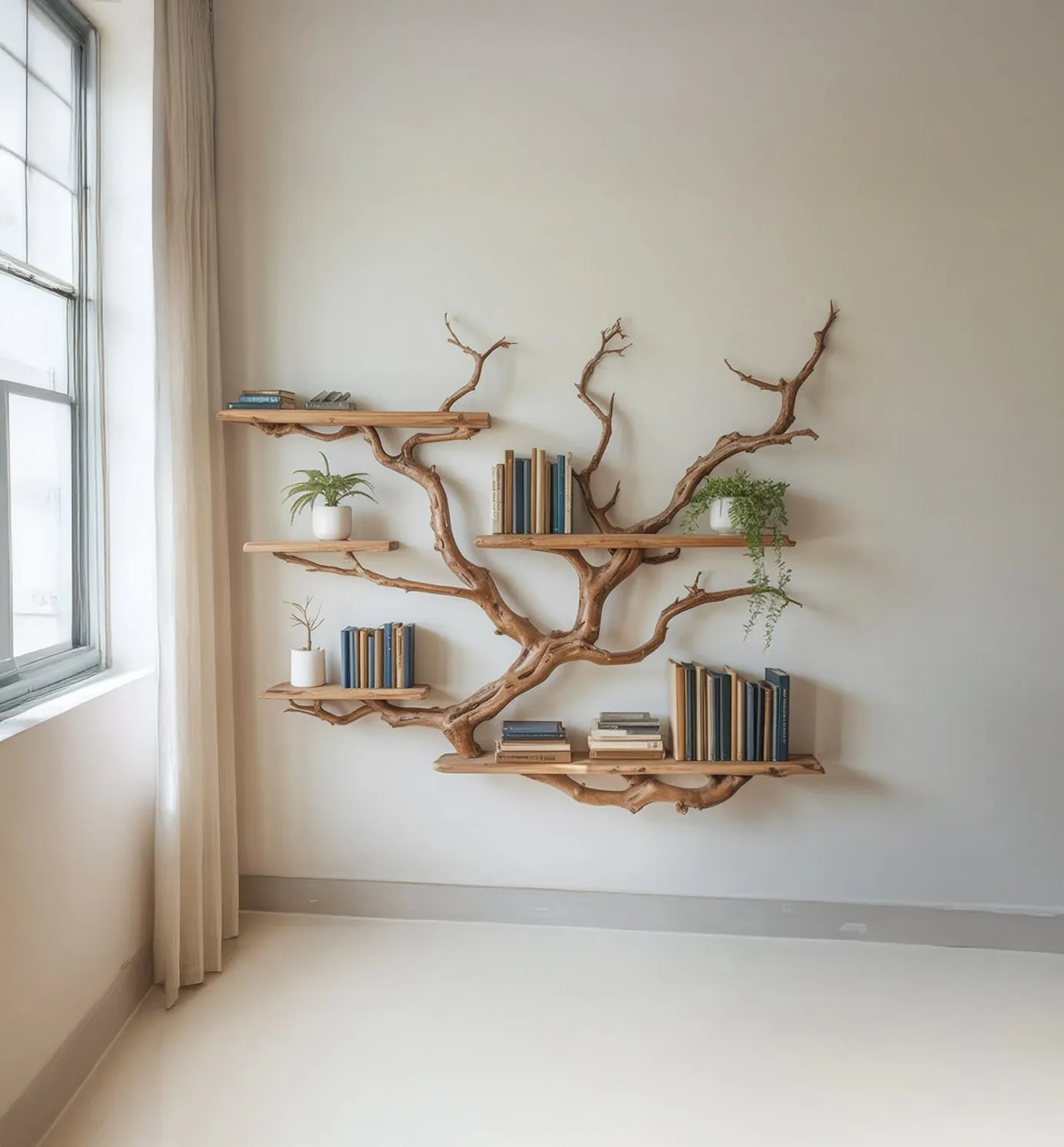 Live Edge Tree Branch Bookshelf – Handmade Wooden Wall Shelf for Rustic Home Decor - Image 2