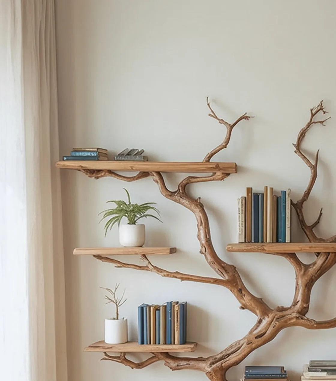 Live Edge Tree Branch Bookshelf – Handmade Wooden Wall Shelf for Rustic Home Decor - Image 3