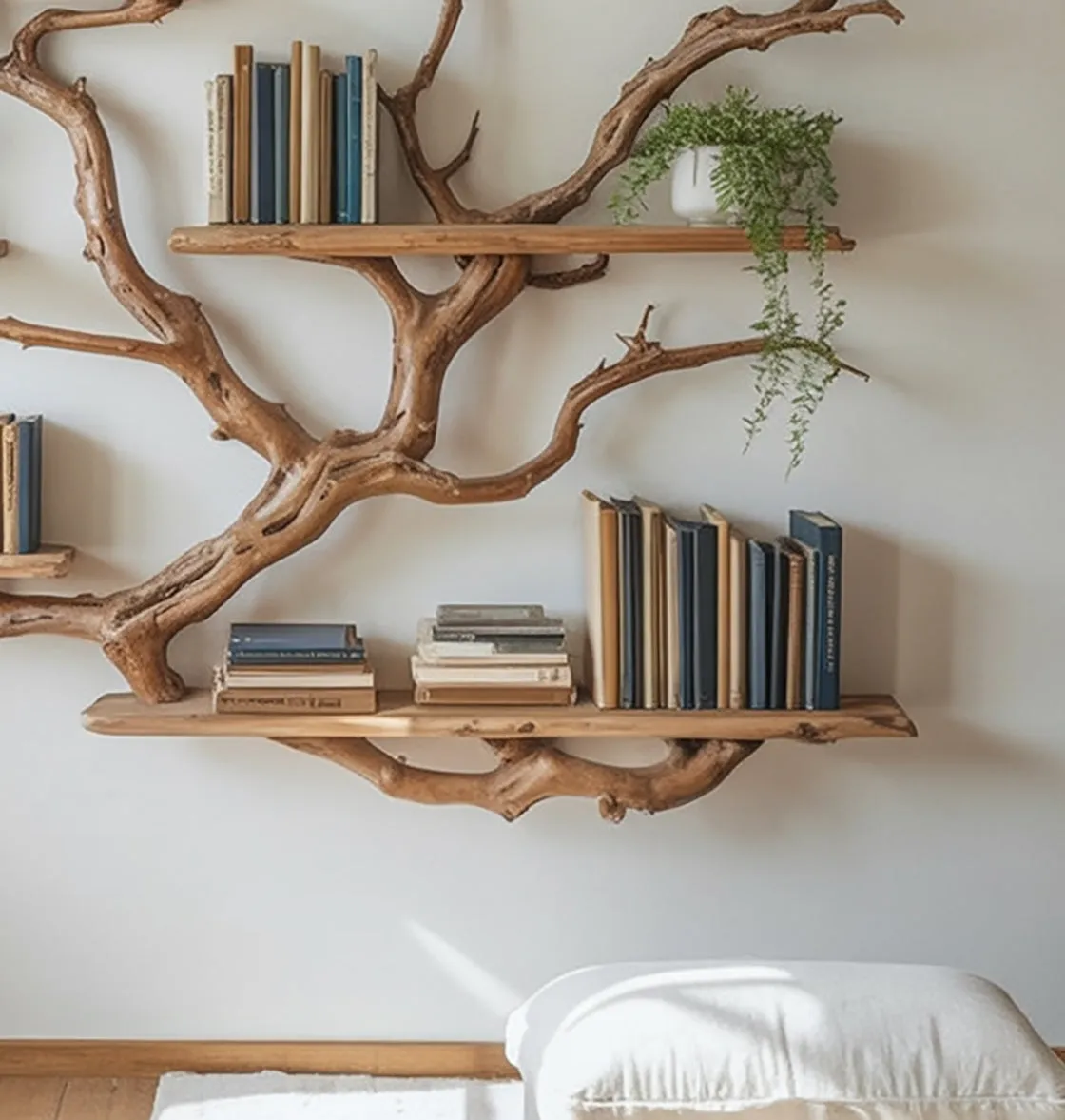 Live Edge Tree Branch Bookshelf – Handmade Wooden Wall Shelf for Rustic Home Decor - Image 4