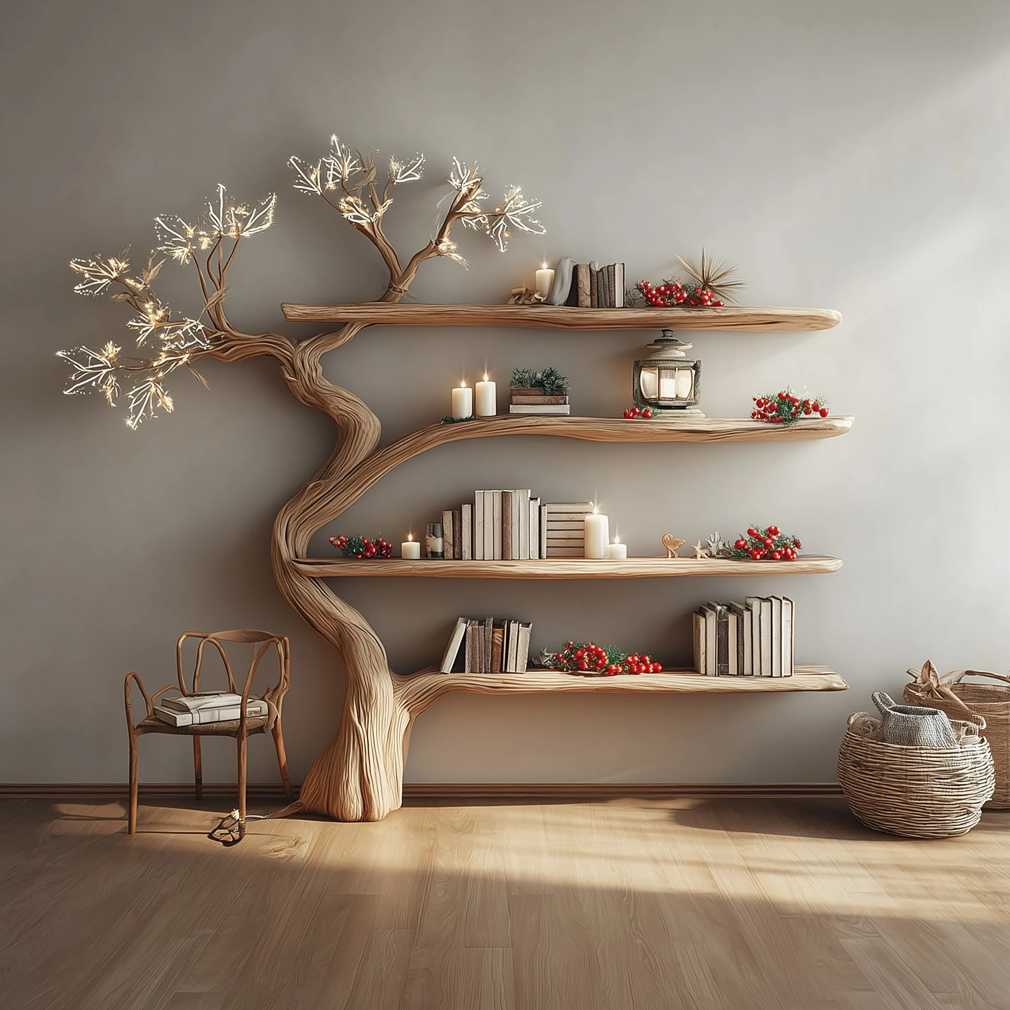 Handcrafted Tree Bookshelf – Rustic Wooden Wall-Mounted Bookcase for Home Decor