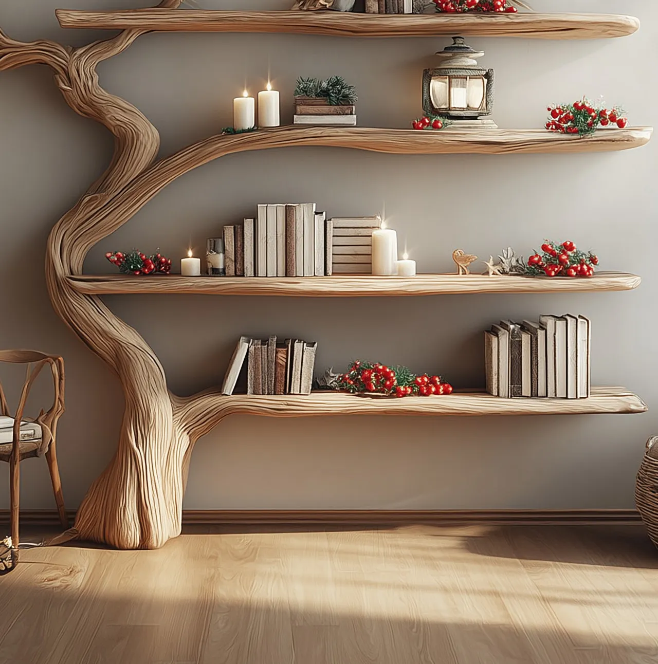 Handcrafted Tree Bookshelf – Rustic Wooden Wall-Mounted Bookcase for Home Decor - Image 3