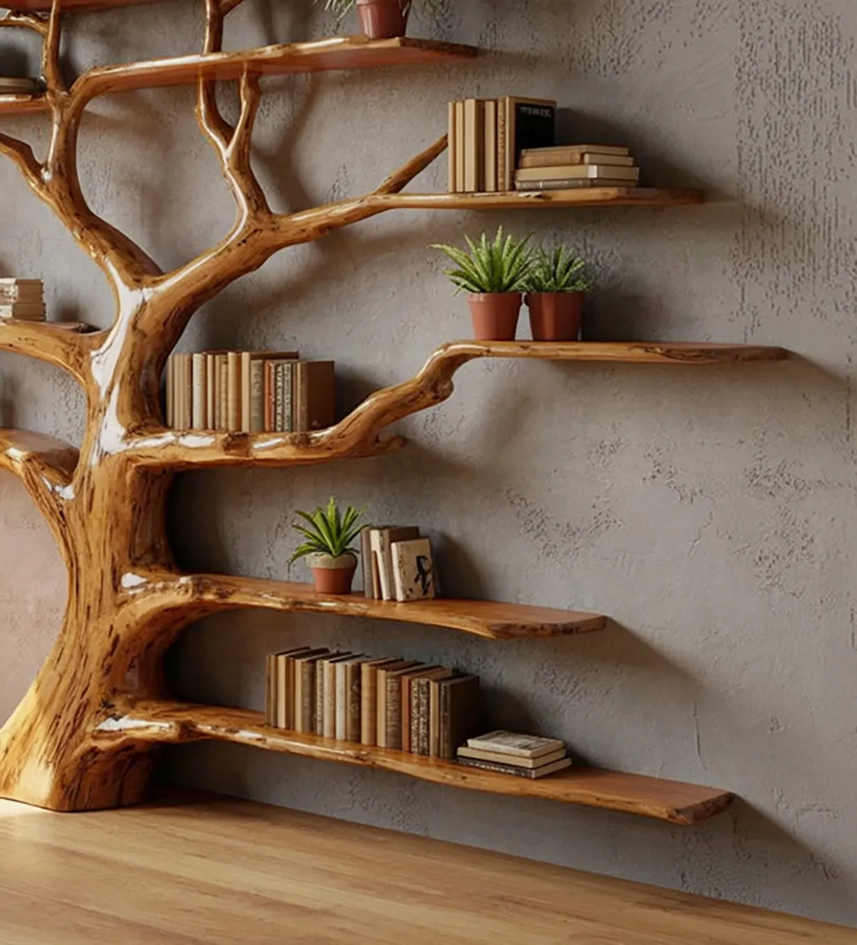 Tree Bookshelf – Rustic Wooden Book Tree Shelf, Wall-Mounted Natural Wood Décor - Image 2