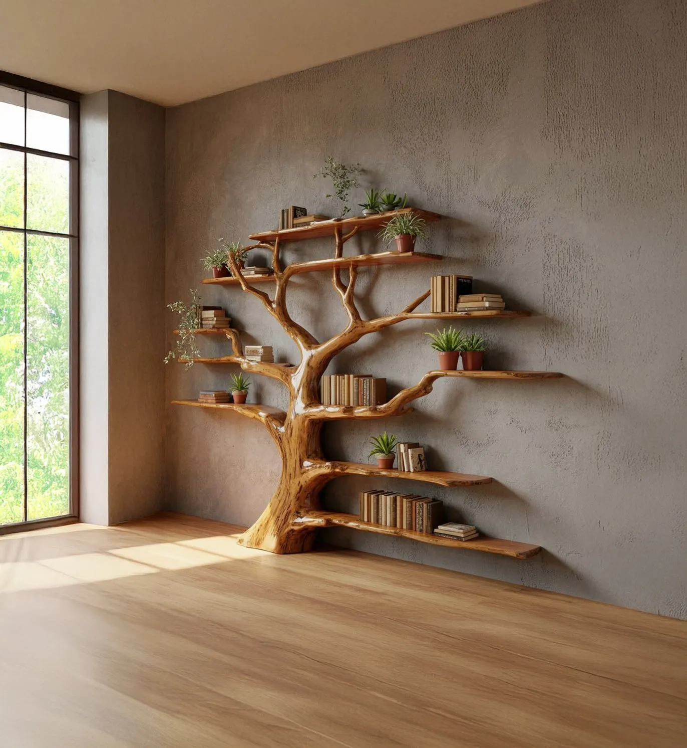 Tree Bookshelf – Rustic Wooden Book Tree Shelf, Wall-Mounted Natural Wood Décor - Image 4