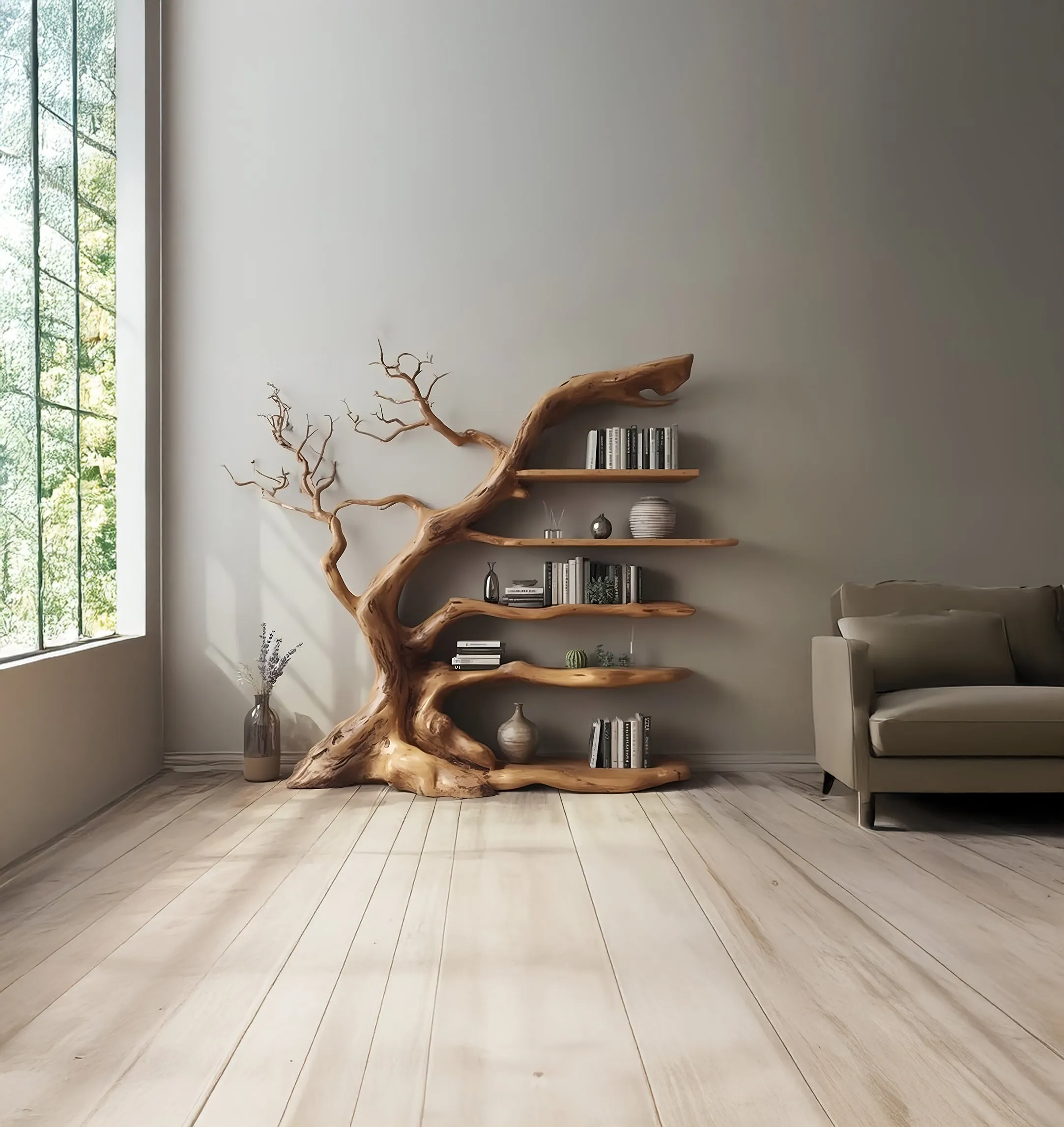 Driftwood Tree Branch Bookshelf – Wooden Wall Mount Shelf Home Decor - Image 2