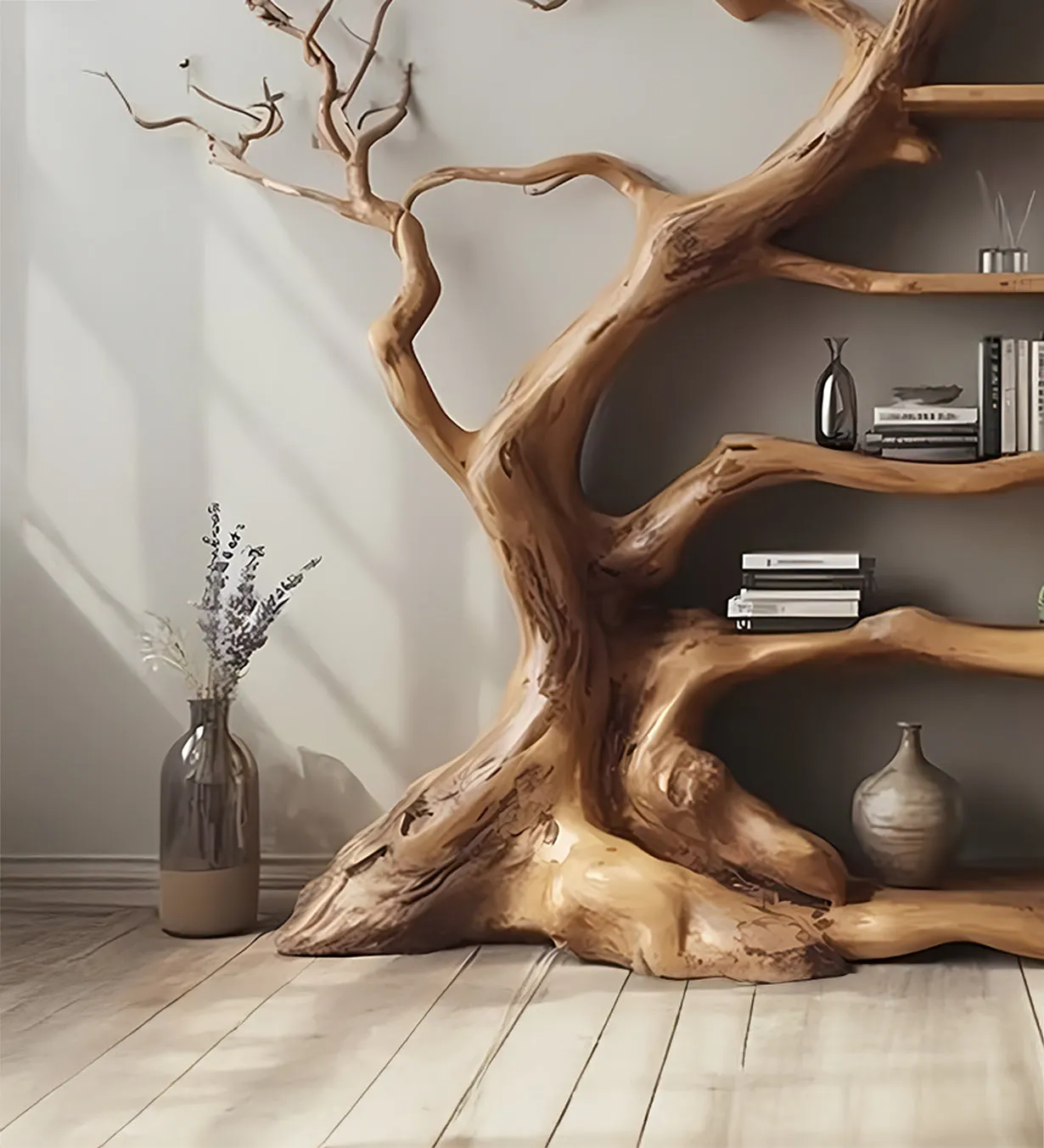 Driftwood Tree Branch Bookshelf – Wooden Wall Mount Shelf Home Decor - Image 3