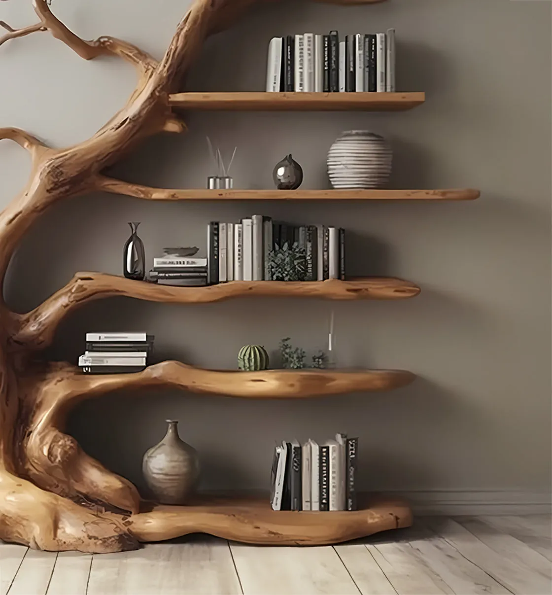 Driftwood Tree Branch Bookshelf – Wooden Wall Mount Shelf Home Decor - Image 4