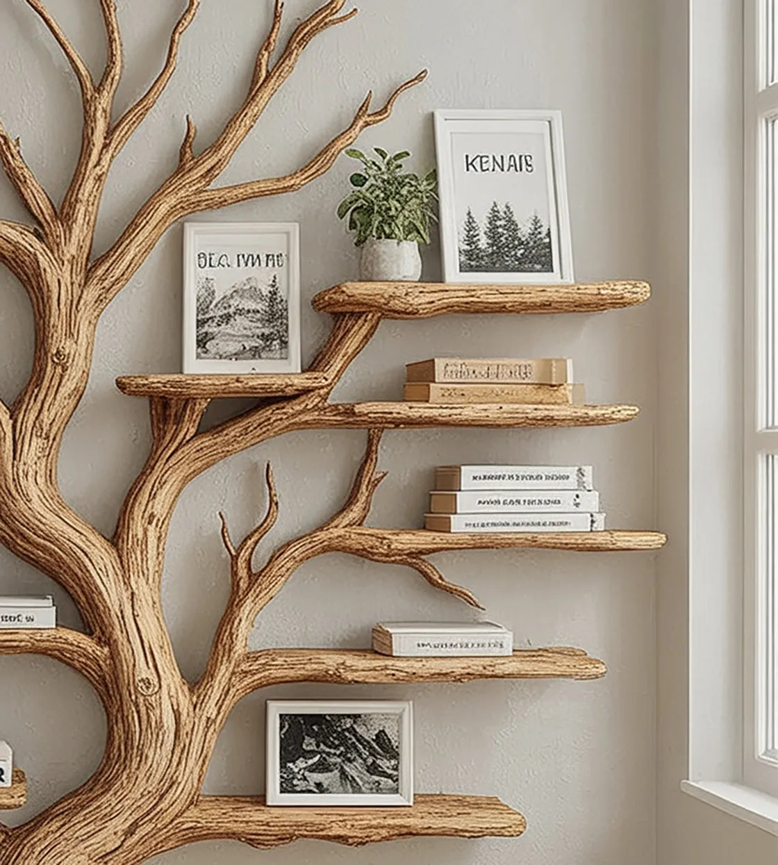 Rustic Tree Shaped Wooden Bookshelf with Branch Design for Living Room or Home Library - Image 2
