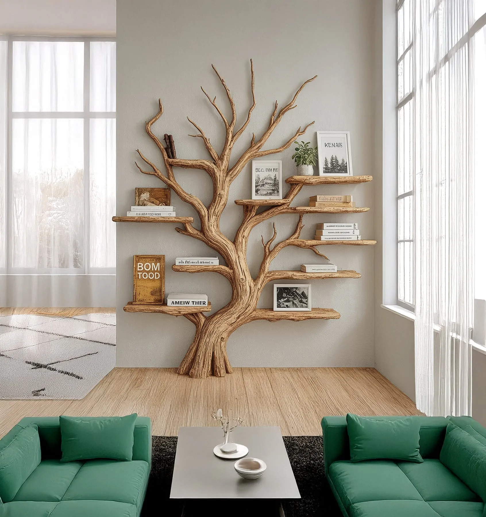 Rustic Tree Shaped Wooden Bookshelf with Branch Design for Living Room or Home Library - Image 3