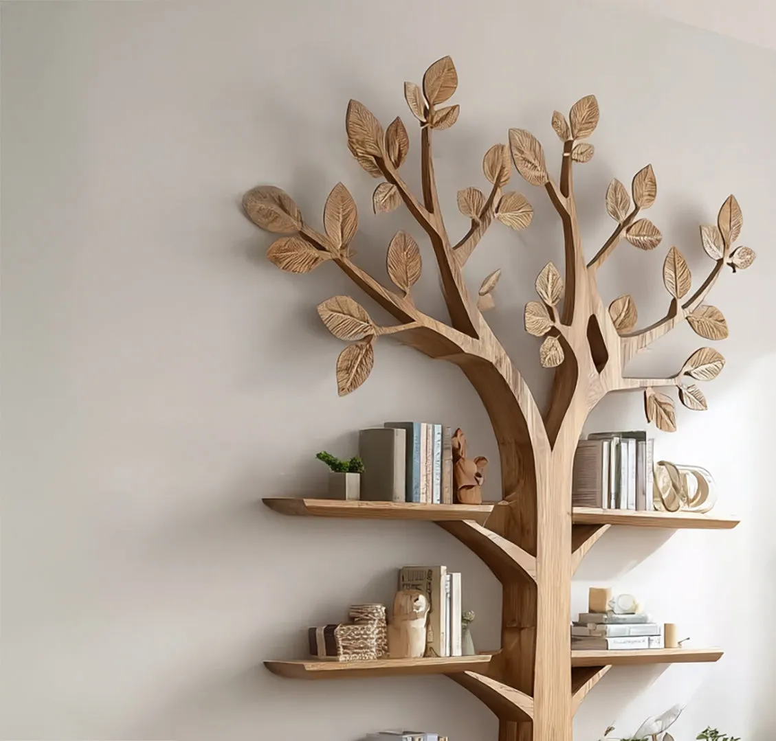 Rustic Wooden Tree Bookshelf: Wall-Mounted Bookcase, Natural Wood Furniture - Image 2